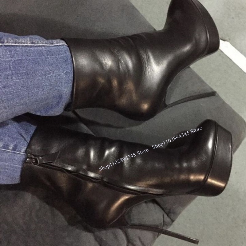 Women'S Shoes Big Feet - Black Zipper Matte Mid Calf Boots